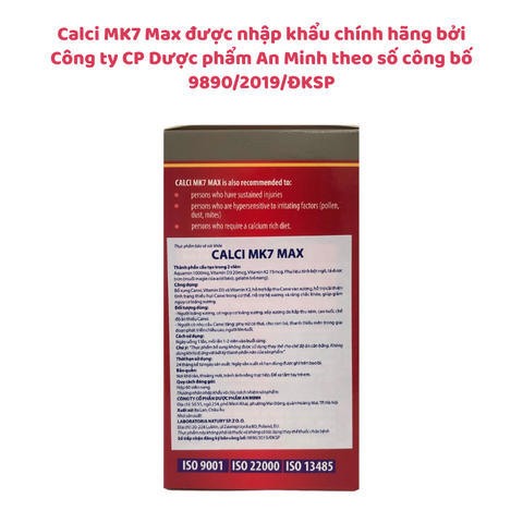 Calci MK7 Max - Bổ sung canxi hữu cơ từ tảo biển đỏ, kết hợp với vitamin D3 và K2MK7, hộp 60 viên