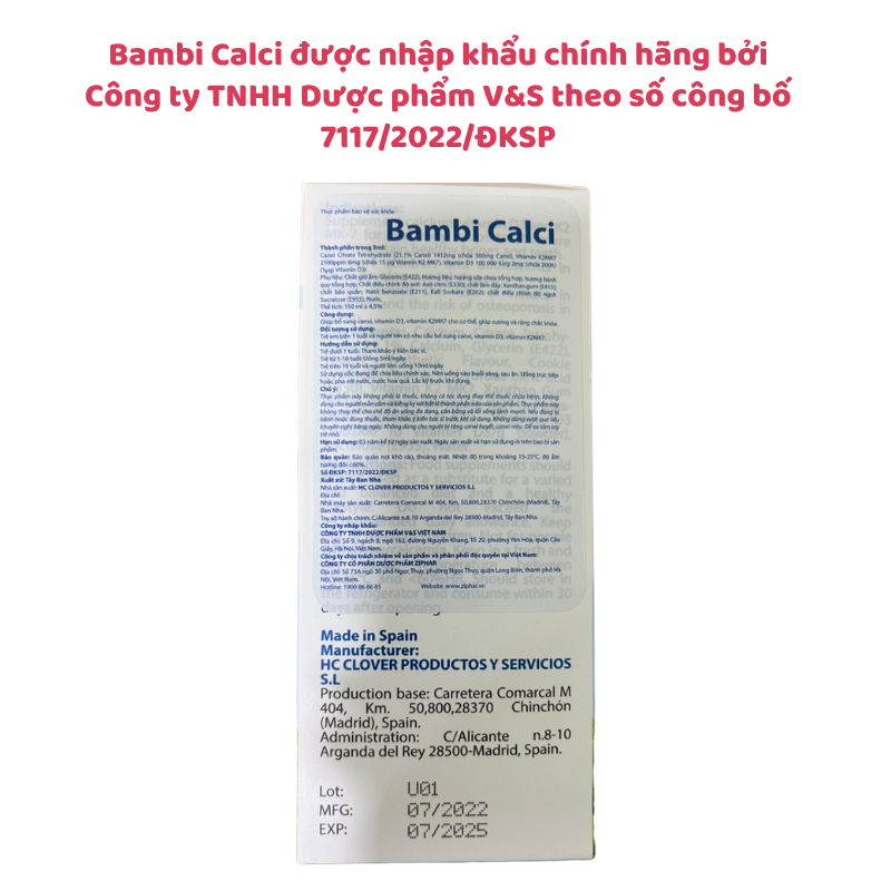 Bambi Calci - Bổ sung Canxi, Vitamin D3 và Vitamin K2MK7 cho trẻ, Chai 150ml