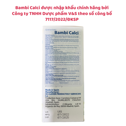 Bambi Calci - Bổ sung Canxi, Vitamin D3 và Vitamin K2MK7 cho trẻ, Chai 150ml