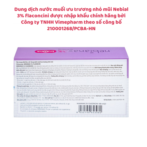 Dung dịch nước muối ưu trương nhỏ mũi Nebial 3% flaconcini/ Nebianax 3% flaconcini, giảm nghẹt, giảm viêm