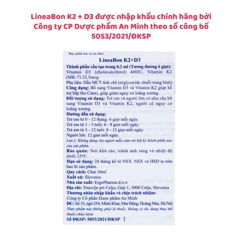 LineaBon D3K2, giúp hỗ trợ hấp thu canxi, phát triển xương và răng, 10ml