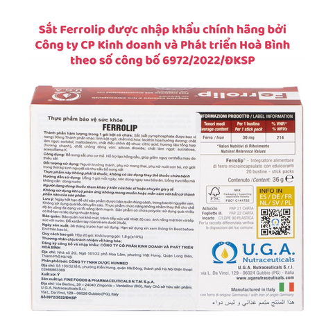 Sắt sinh học Ferrolip cho bà bầu và người thiếu máu, nhập khẩu từ Ý (Hộp 20 gói)