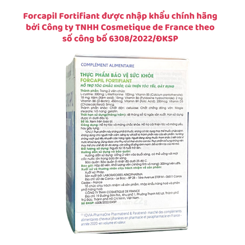 Forcapil Fortifiant - Bí quyết cho mái tóc chắc khỏe, bóng mượt chỉ sau 3 tháng sử dụng, hộp 60 viên