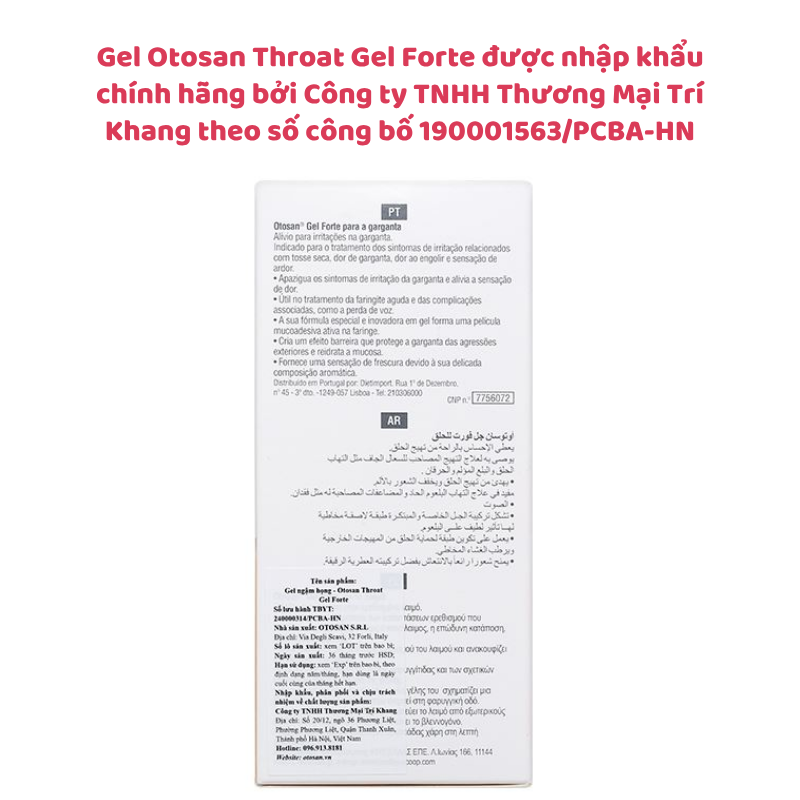 Gel Otosan Throat Gel Forte giúp giảm ho, giảm đau họng, điều trị viêm họng cấp tính, nhập khẩu từ Ý