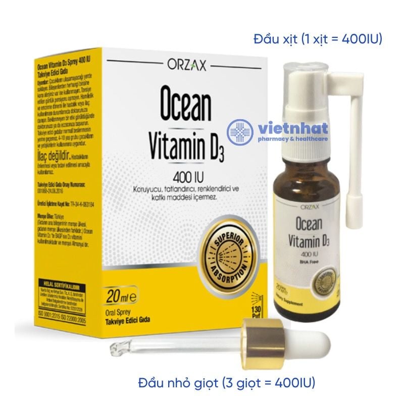 Ocean vitamin D3 dạng xịt/nhỏ giọt 400IU, giúp tăng cường hấp thu canxi, chai 20ml