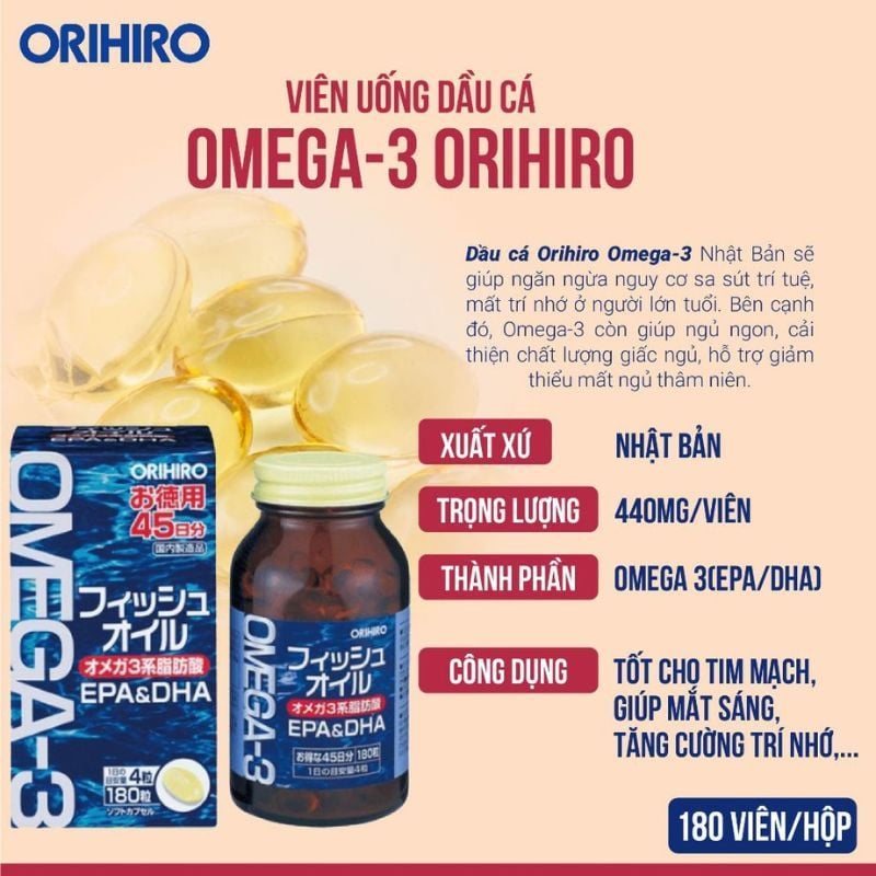 Viên uống dầu cá Omega 3 Orihiro Nhật - Giải pháp tối ưu cho tim mạch, não bộ và thị lực, hộp 180 viên