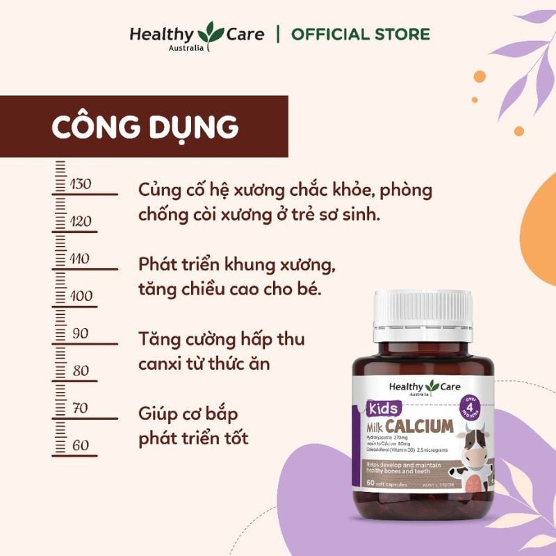 Viên uống canxi sữa Milk Calcium Healthy Care Úc 60 viên cho bé từ 4 tháng