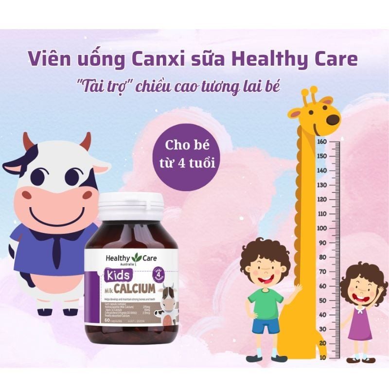 Viên uống canxi sữa Milk Calcium Healthy Care Úc 60 viên cho bé từ 4 tháng