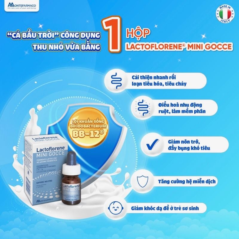 Men vi sinh Lactoflorene mini gocce,chứa lợi khuẩn sống BB-12, cải thiện bất dung nạp lactose, khóc dạ đề và tiêu chảy ở trẻ sơ sinh