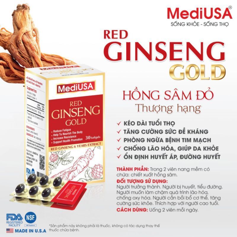 Viên Uống Hồng Sâm MediUSA Red Ginseng Gold, Tăng Cường Sức Khoẻ, Hộp 30 Viên
