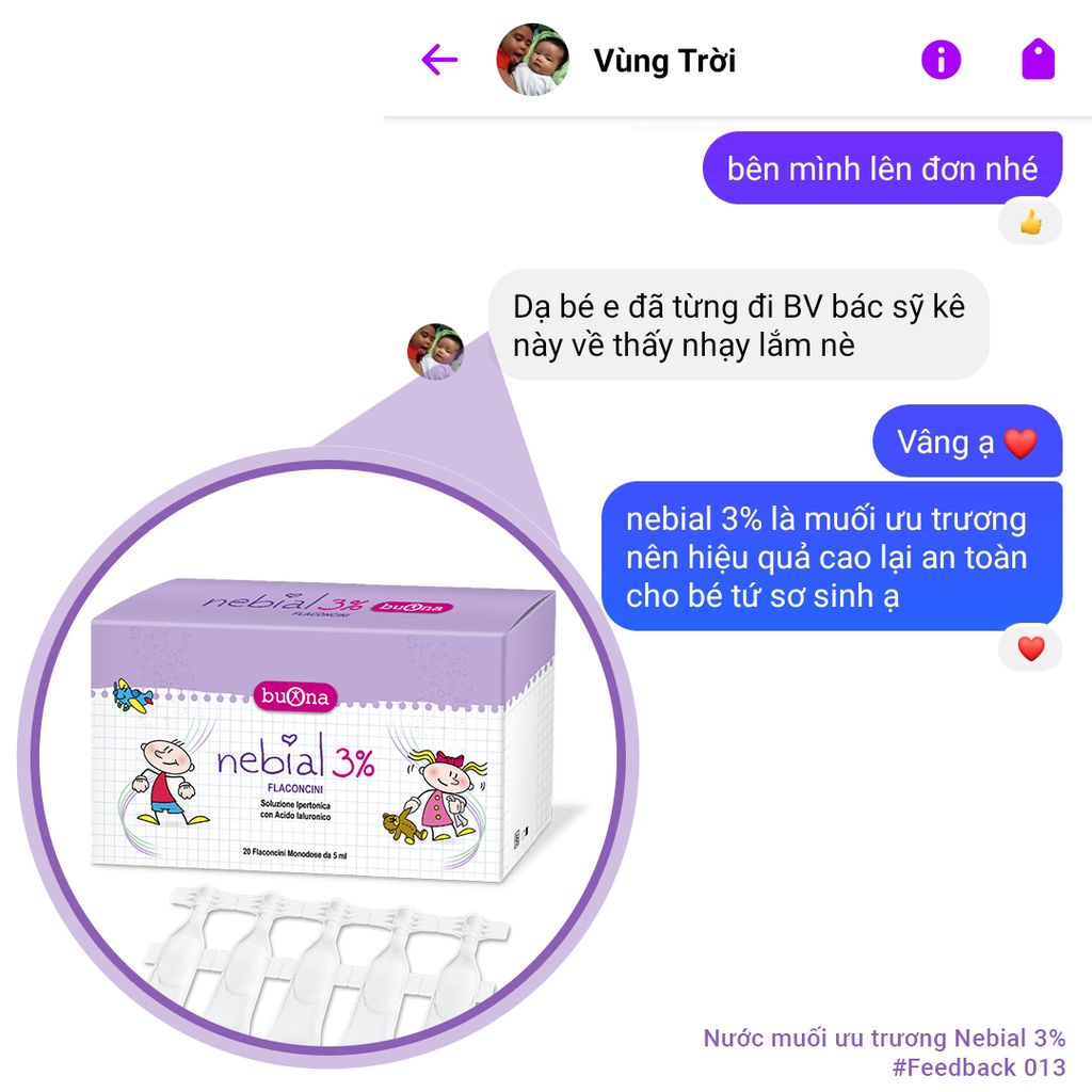 Dung dịch nước muối ưu trương nhỏ mũi Nebial 3% flaconcini/ Nebianax 3% flaconcini, giảm nghẹt, giảm viêm