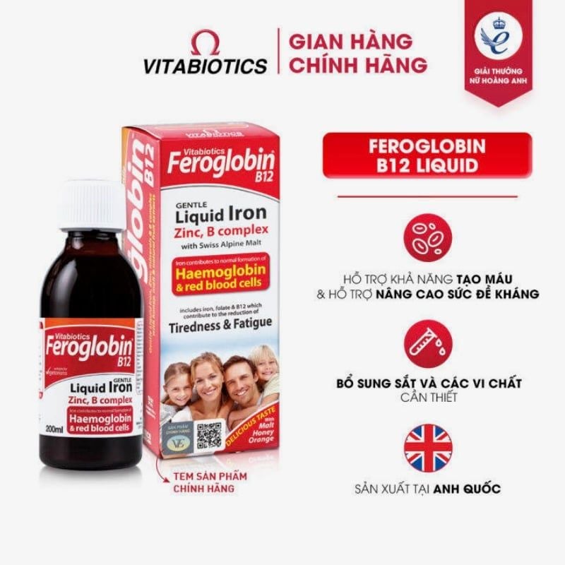 Sắt Feroglobin B12 Vitabiotics Liquid bổ sung sắt hữu cơ, vitamin và khoáng chất cho trẻ em và người lớn, chai 200ml