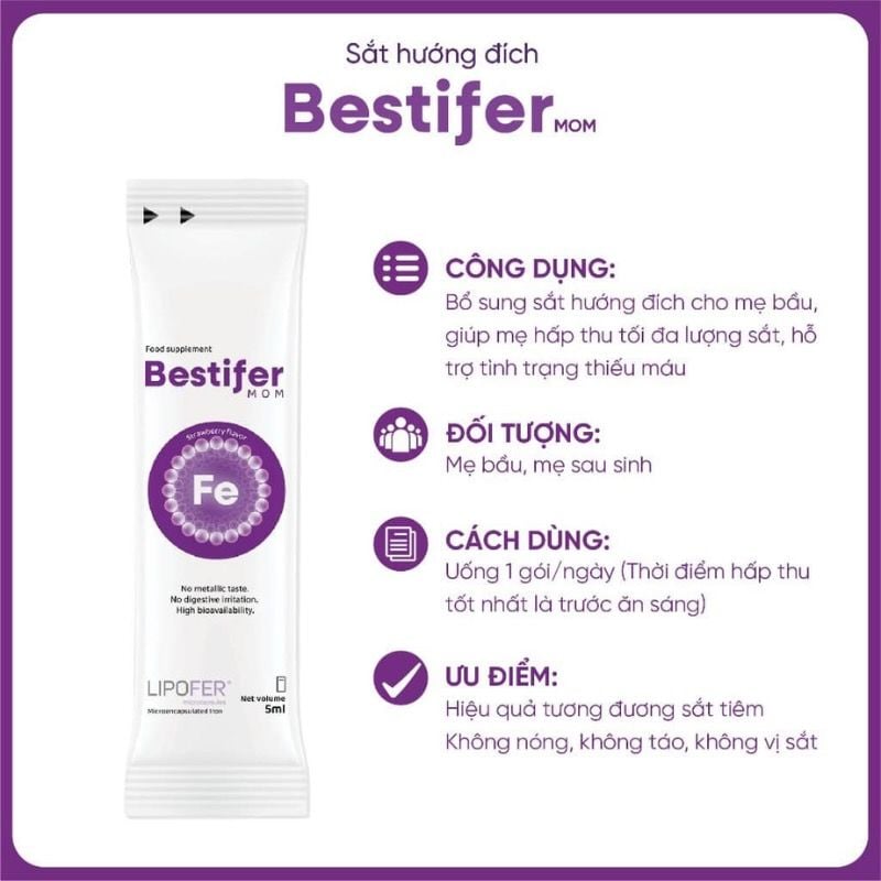 Sắt nước hướng đích Bestifer Mom cho mẹ bầu và sau sinh, giảm thiếu máu do thiếu sắt, hộp 24 gói
