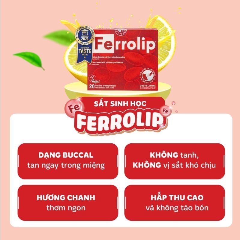 Sắt sinh học Ferrolip cho bà bầu và người thiếu máu, nhập khẩu từ Ý (Hộp 20 gói)