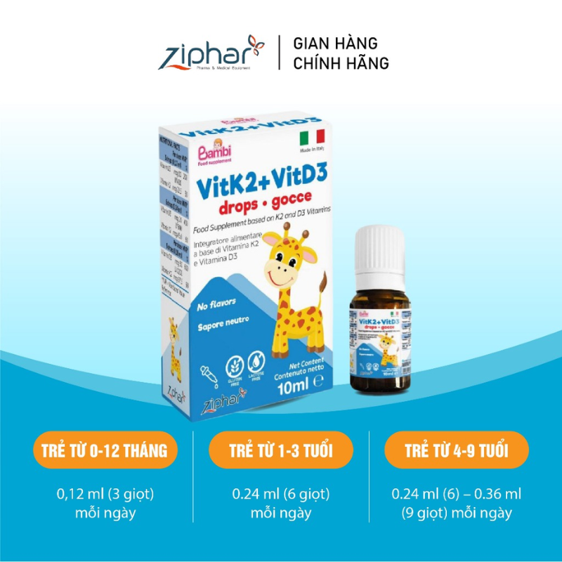 Siro VitK2 + VitD3 Ziphar - Hỗ trợ hấp thu canxi, giúp trẻ ngủ ngon & phát triển xương chắc khỏe (0-9 tuổi)