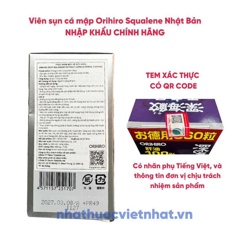Viên sụn cá mập Orihiro của Nhật giúp chống oxy hoá, giảm viêm và đau khớp, hộp 360 viên