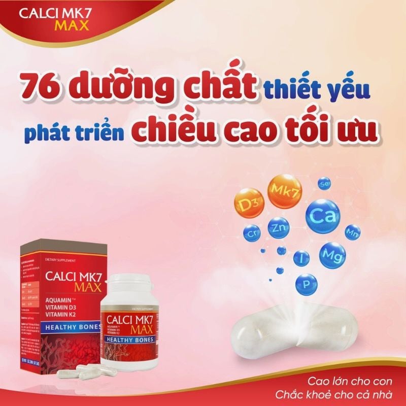 Calci MK7 Max - Bổ sung canxi hữu cơ từ tảo biển đỏ, kết hợp với vitamin D3 và K2MK7, hộp 60 viên