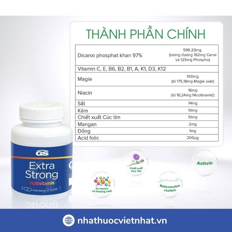 Viên uống bổ sung vitamin GS Extra Strong Multivitamin giúp tăng đề kháng, giảm mệt mỏi cho trẻ em từ 12 tuổi và người lớn, hộp 30 viên