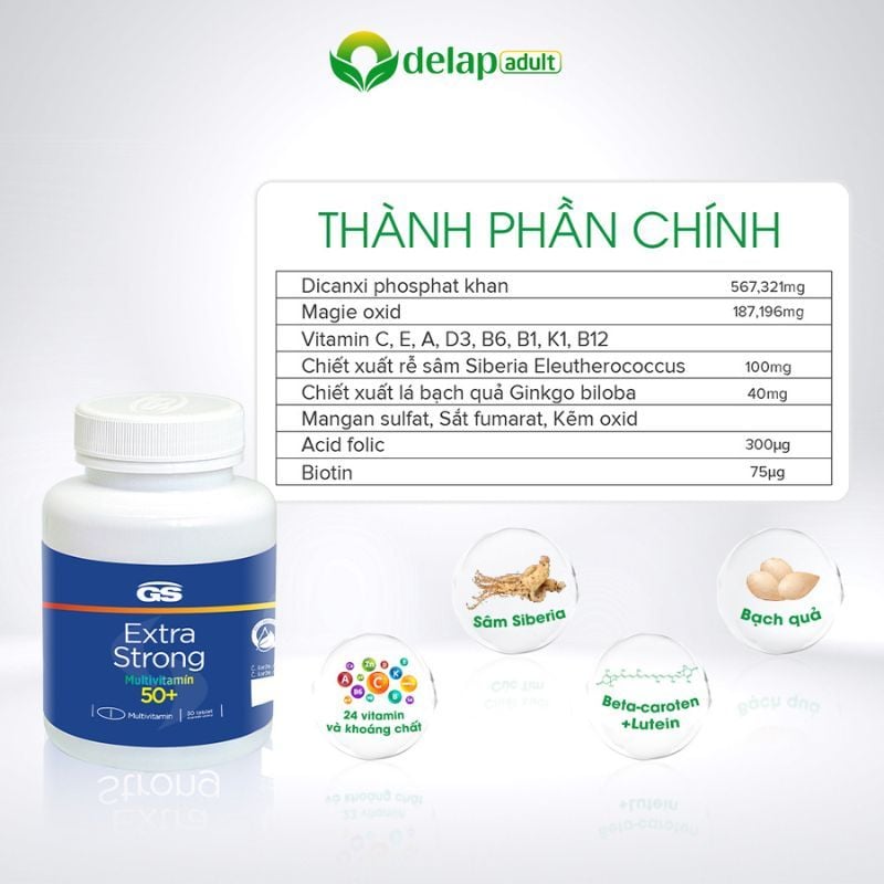 Viên uống tăng cường sức khỏe GS Extra Strong Multivitamin 50+ cho người lớn từ 50 tuổi, hộp 30 viên