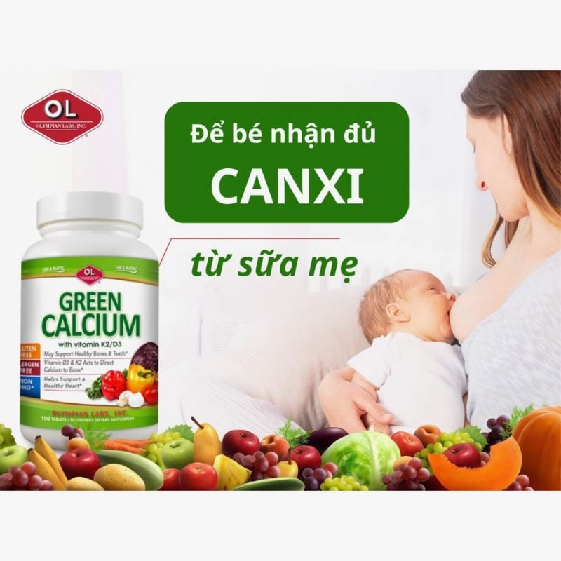 Canxi hữu cơ Green Calcium của Mỹ - Bổ sung canxi cho bà bầu, sau sinh và cho con bú, người lớn, hộp 100 viên