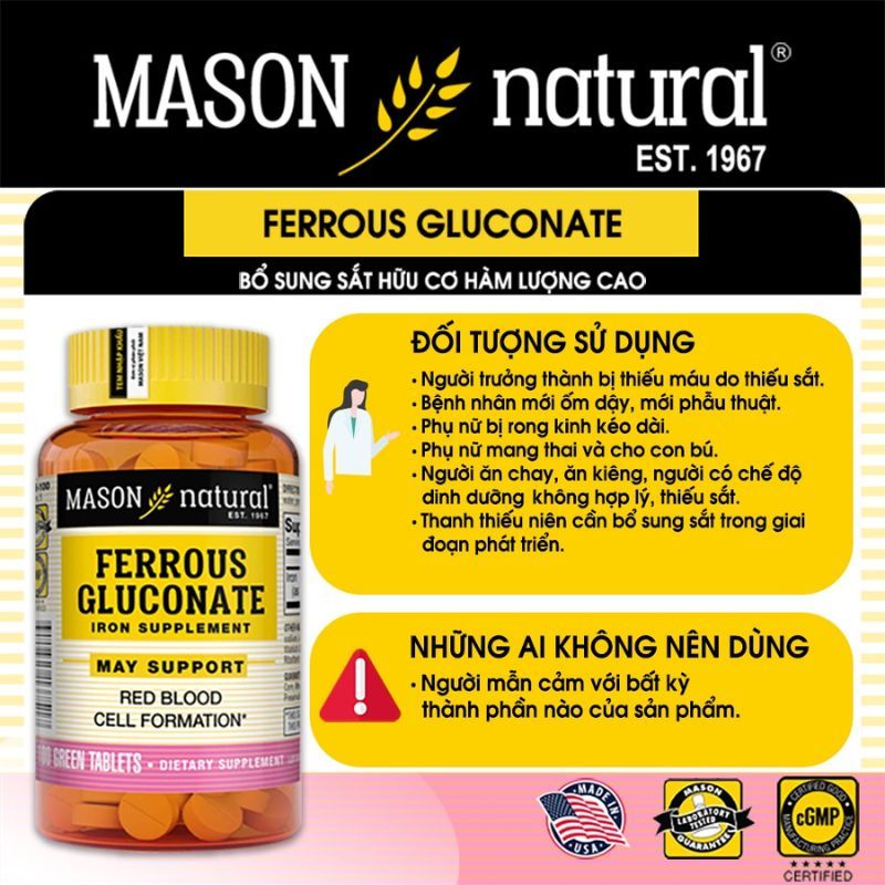 Sắt Ferrous Gluconate Mason - Ngăn ngừa thiếu máu thiếu sắt hiệu quả cho mẹ bầu