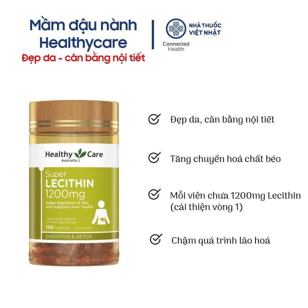 Mầm Đậu Nành Lecithin Healthy Care - Hỗ trợ giảm cholesterol, tăng cường chức năng gan, hộp 100 viên