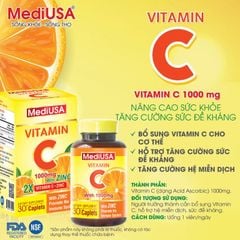 Viên uống Vitamin C 1000mg MediUSA - Giải Pháp Toàn Diện Cho Hệ Miễn Dịch Khỏe Mạnh, Hộp 30 viên