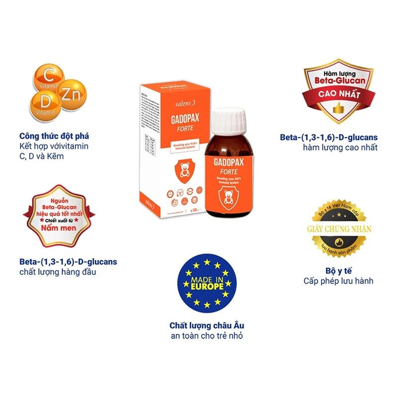 Siro Gadopax Forte, tăng đề kháng và cải thiện miễn dịch ở trẻ em từ 0 tháng tuổi, chai 100ml