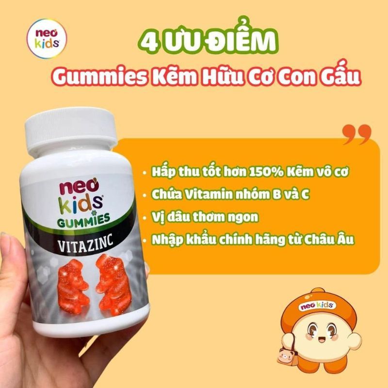 Kẹo dẻo Neo Kids Gummies VitaZinC Bổ Sung Kẽm Hữu Cơ  Và Vitamin Cho Bé Khoẻ Mạnh Toàn Diện, Lọ 60 Viên