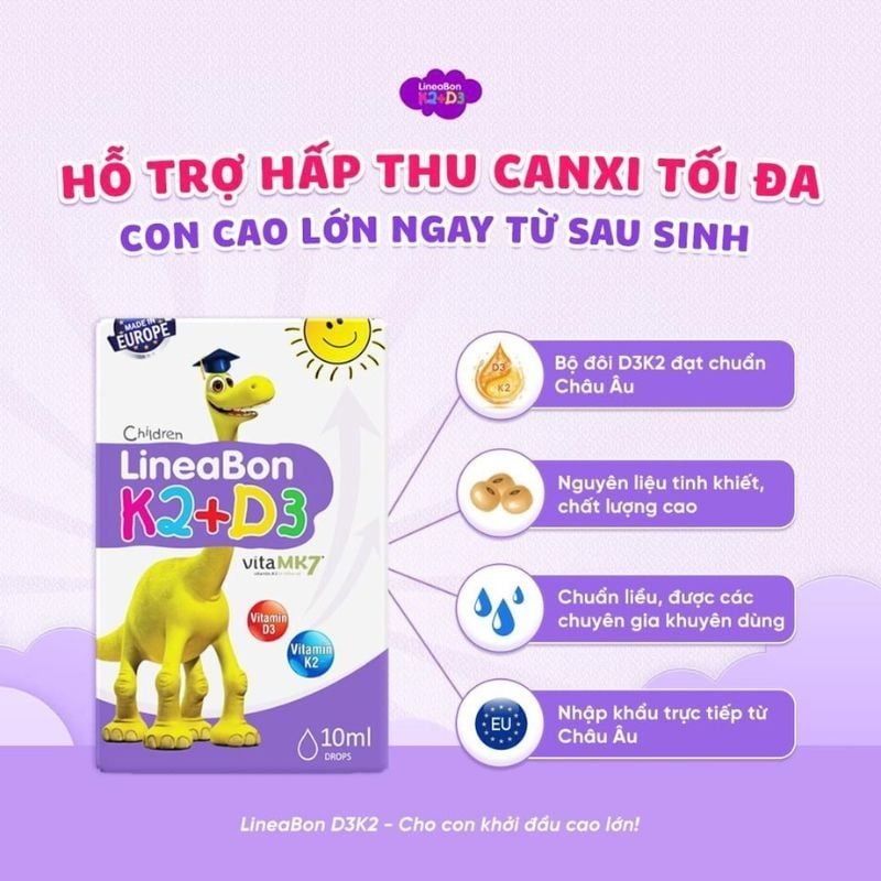 LineaBon D3K2, giúp hỗ trợ hấp thu canxi, phát triển xương và răng, 10ml