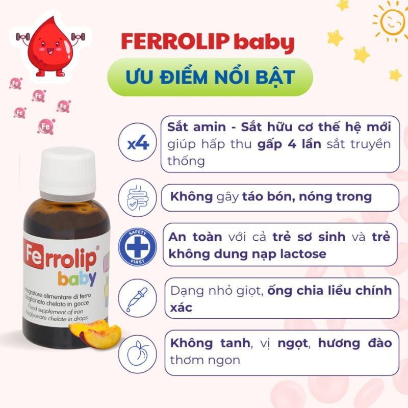 Sắt hữu cơ Ferrolip Baby - Hỗ trợ giảm nguy cơ thiếu máu, thiếu sắt ở trẻ em