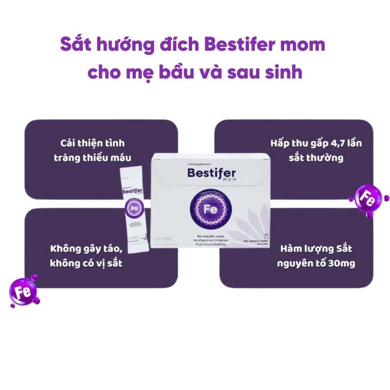 Sắt nước hướng đích Bestifer Mom cho mẹ bầu và sau sinh, giảm thiếu máu do thiếu sắt, hộp 24 gói