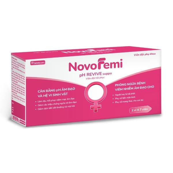 Viên đặt Novofemi pH revive suppo, giúp giảm ngứa, khử mùi và phòng ngừa viêm nhiễm phụ khoa (Hộp 2 vỉ x 7 viên)