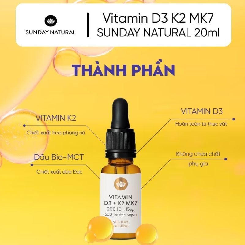 Vitamin D3 K2 MK7 Sunday Natural hỗ trợ tăng chiều cao cho bé của Đức, chai 20ml