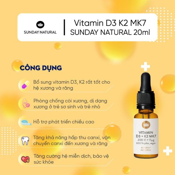 nhathuocvietnhat.vn-Vitamin D3 K2 MK7 Sunday Natural: Hỗ trợ tăng chiều cao cho bé, sản xuất tại Đức, lọ 20ml.