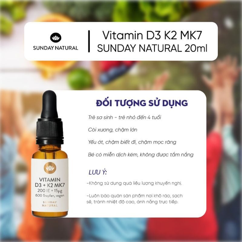 Vitamin D3 K2 MK7 Sunday Natural hỗ trợ tăng chiều cao cho bé của Đức, chai 20ml