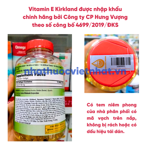 Viên uống Vitamin E Kirkland 400 IU - Bổ sung vitamin E, cải thiện nội tiết tố và làm đẹp da, nhập khẩu chính hãng, hộp 500 viên.