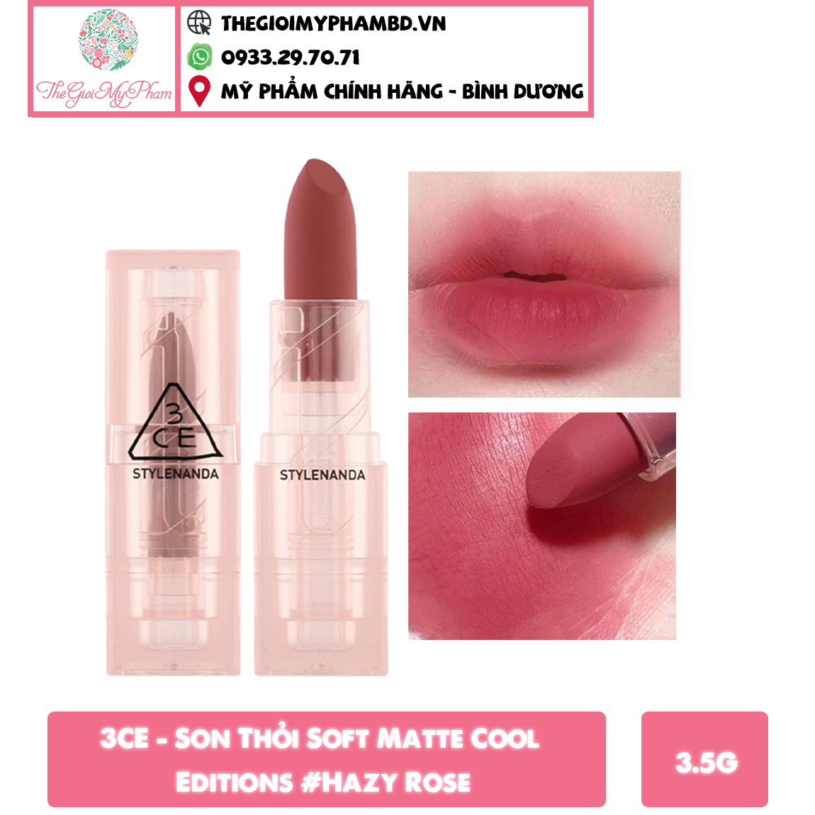 3CE - Son Thỏi Soft Matte #Hazy Rose - Ko Tđ