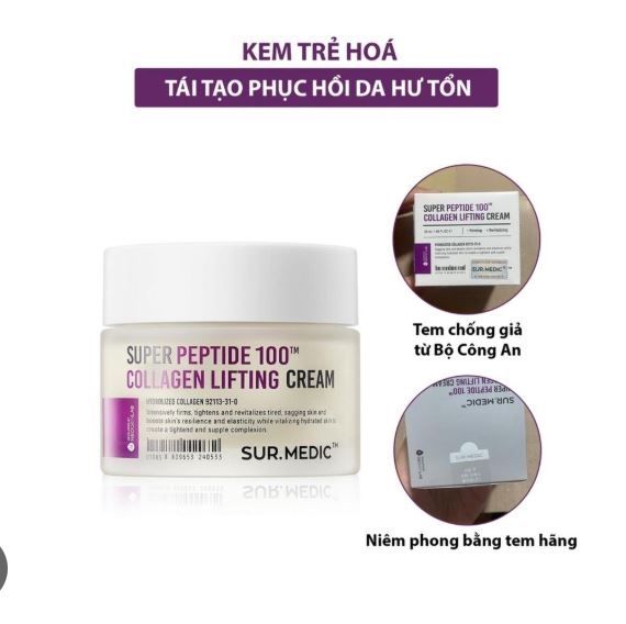 Kem Dưỡng Sur.Medic+ Trẻ Hoá Tái Tạo Da Hư Tổn Super Peptide 100TM Collagen Lifting Cream 50ml