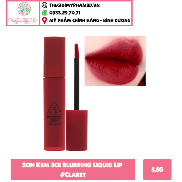 3CE - Son Kem Blurring Liquid Lip #Claret (Ko tđ)