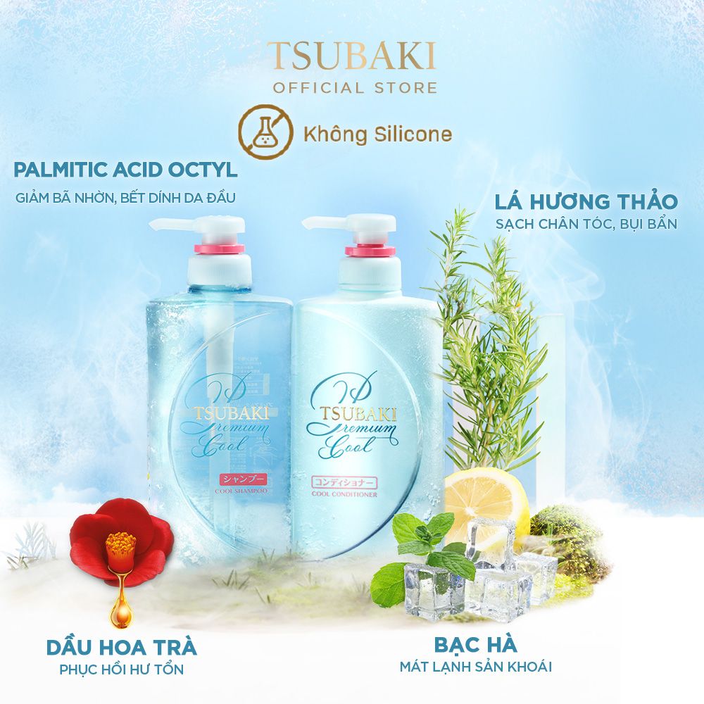 Tsubaki - Bộ Gội Xả Sạch Dầu Mát Lạnh (490ml/chai) Premium Cool Set