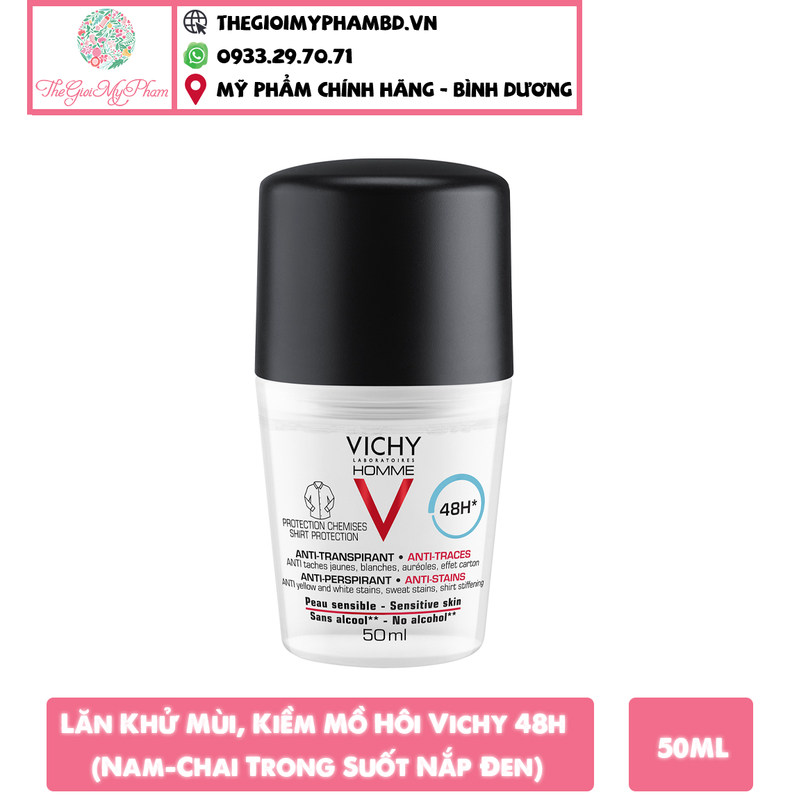 Lăn Khử Mùi, Kiềm Mồ Hôi Vichy 48h (Nam-Chai Trong Suốt Nắp Đen)