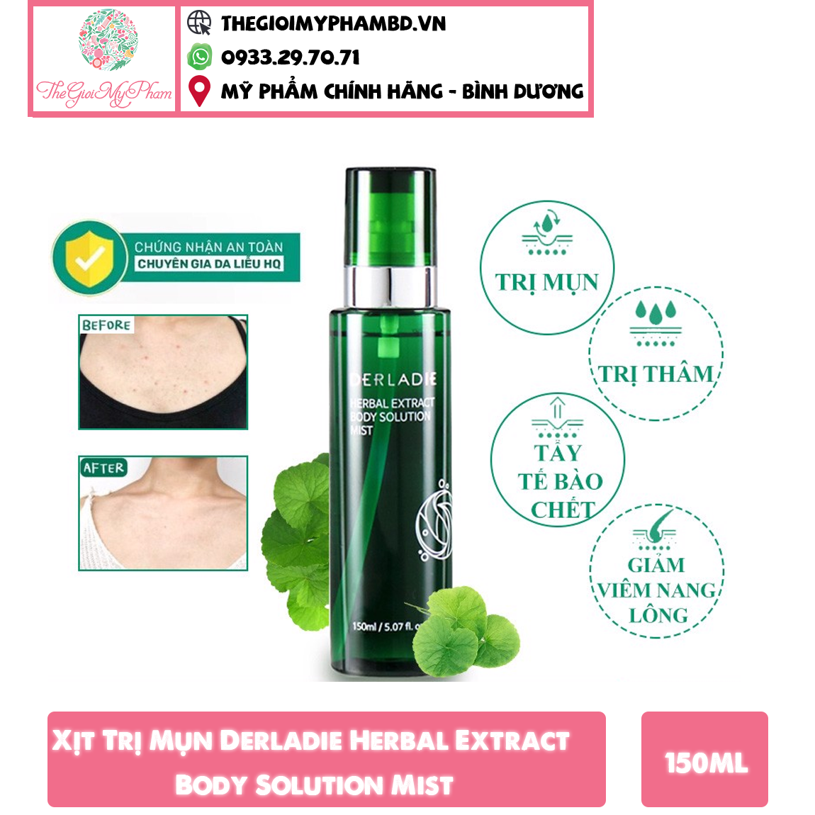 Xịt Trị Mụn, Mờ Thâm, Giảm Viêm Nang Lông Derladie Herbal Extract Body Solution Mist