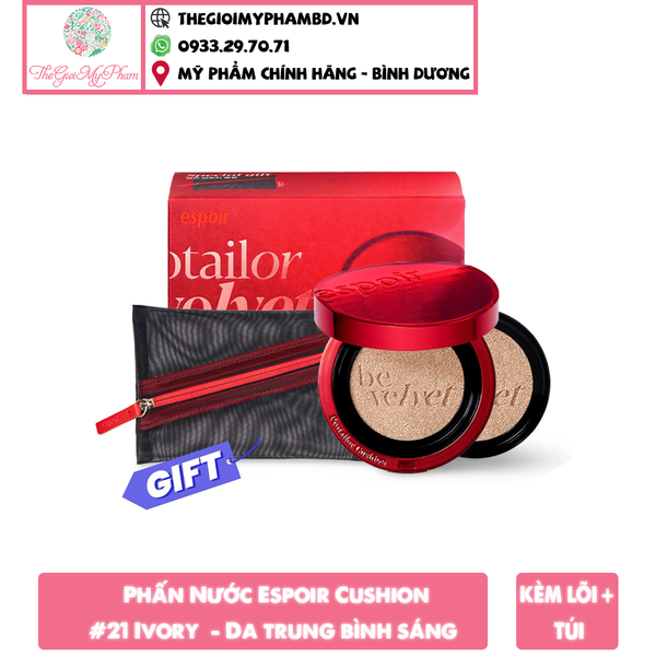 [Kèm Lõi+Túi] Phấn Nước Espoir Pro Tailor Be Velvet Cover Cushion SPF34 PA++#21 Ivory  - Da trung bình sáng