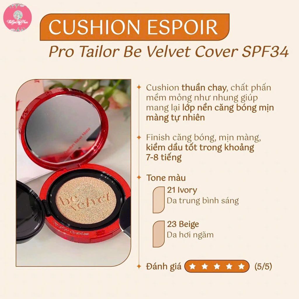 [Kèm Lõi+Túi] Phấn Nước Espoir Pro Tailor Be Velvet Cover Cushion SPF34 PA++#21 Ivory  - Da trung bình sáng