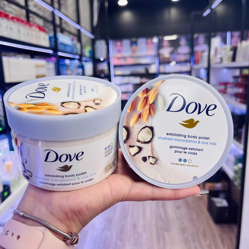 Kem Tẩy Da Chết Body DOVE 298g #Macadamia & Rice Milk