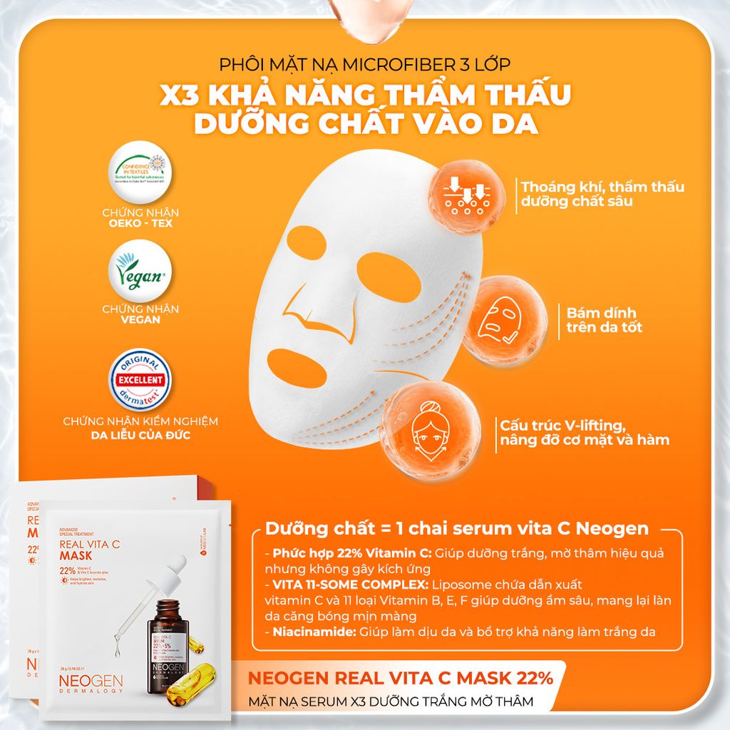 Mặt Nạ Neogen Serum X3 Dưỡng Trắng Mờ Thâm Neogen Real Vita C Mask 22%