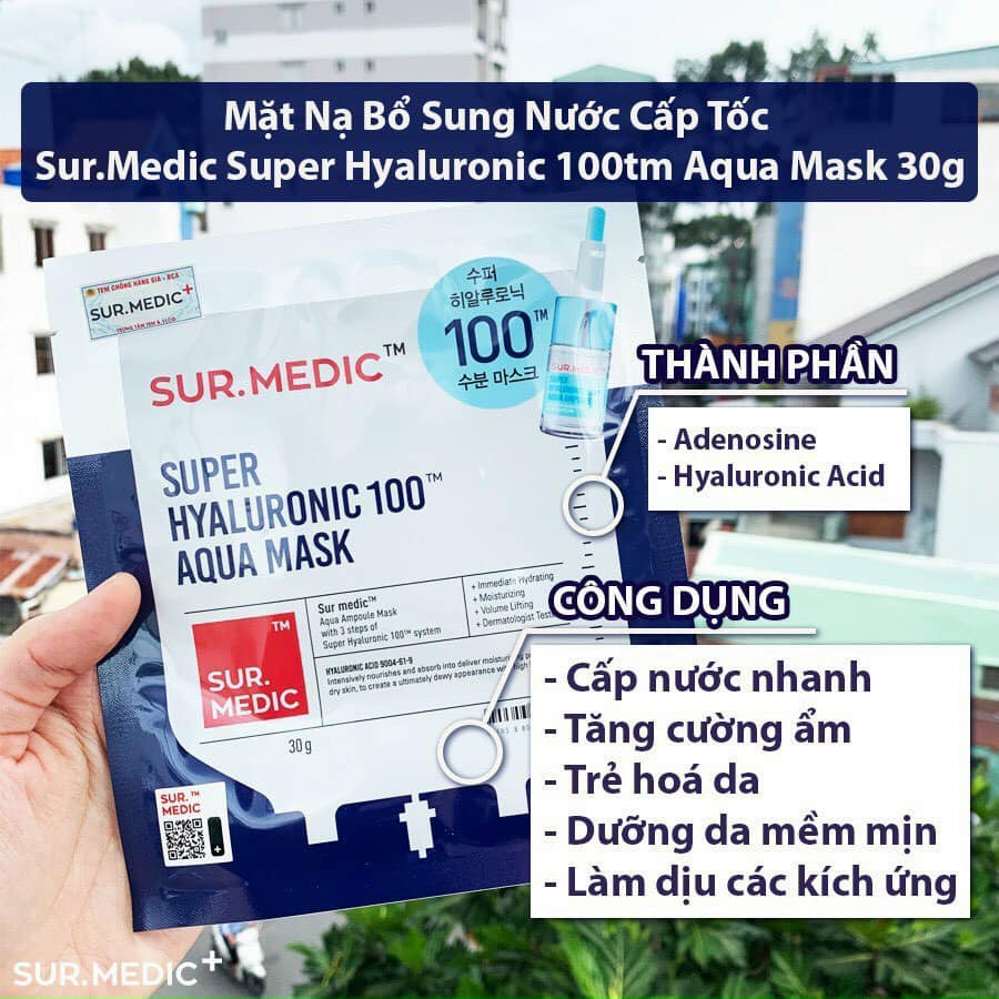 Mặt Nạ Sur.Medic+ Cấp Nước & Cấp Ẩm Chuyên Sâu Super Hyaluronic 100 Aqua  Mask 30gMặt Nạ Sur.Medic+ Cấp Nước & Cấp Ẩm Chuyên Sâu Super Hyaluronic 100  Aq – Thế Giới