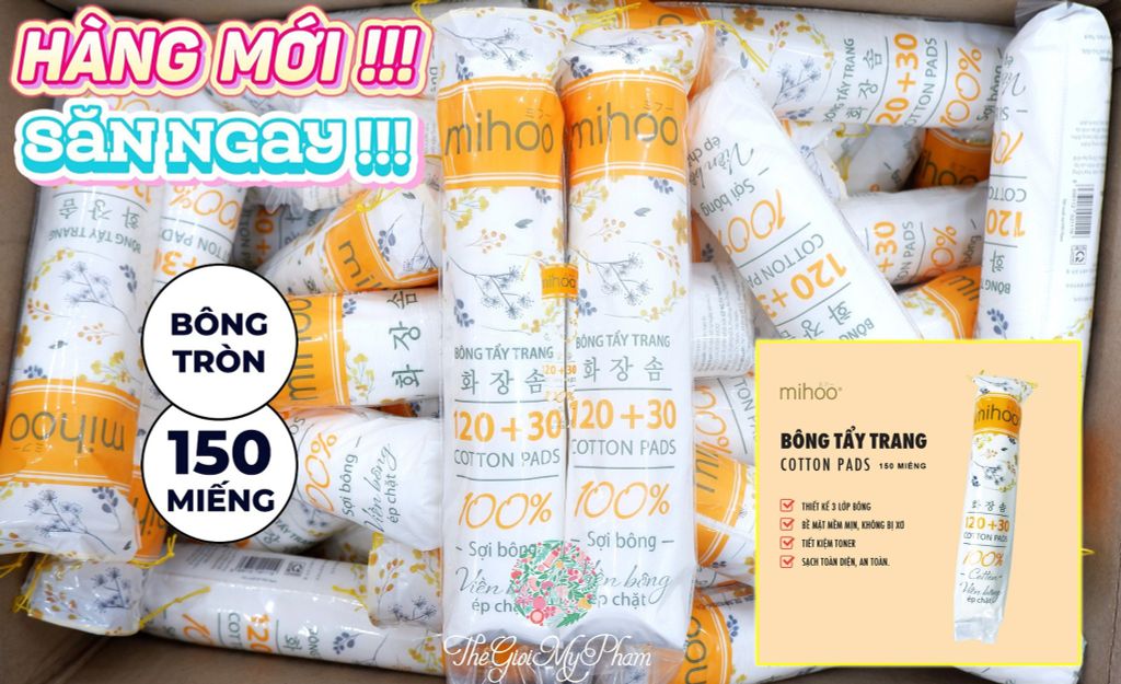 Bông Tẩy Trang Mihoo Bông Tròn Túi 150 Miếng