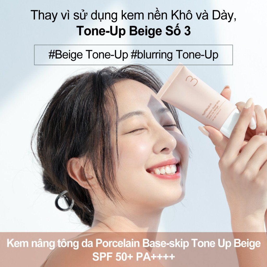 Kem Chống Nắng Nâng Tone Da Numbuzin Porcelain Base Skip Tone Up Beige No.3 50ml